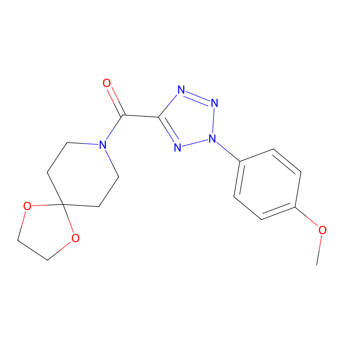 (2-(4-methoxyphenyl)-2H-tetrazol-5-yl)(1,4-dioxa-8-azaspiro[4.5]decan-8-yl)methanone molecular structure, CAS 1396713-25-9