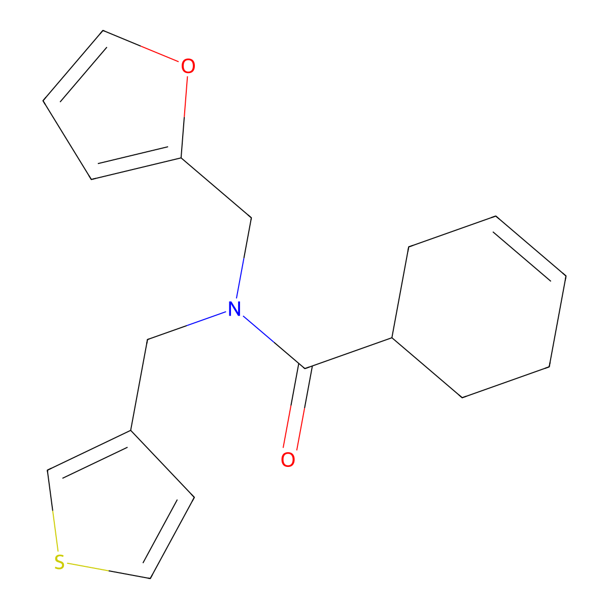 N-(furan-2-ylmethyl)-N-(thiophen-3-ylmethyl)cyclohex-3-enecarboxamide molecular structure, CAS 1396713-67-9