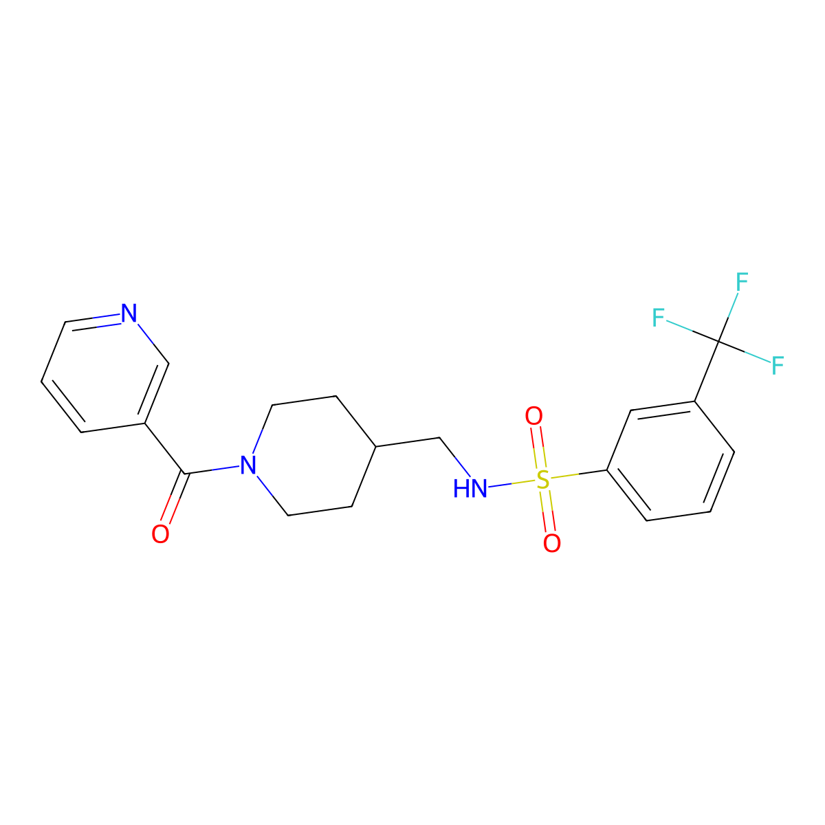 N-((1-nicotinoylpiperidin-4-yl)methyl)-3-(trifluoromethyl)benzenesulfonamide molecular structure, CAS 1396713-86-2