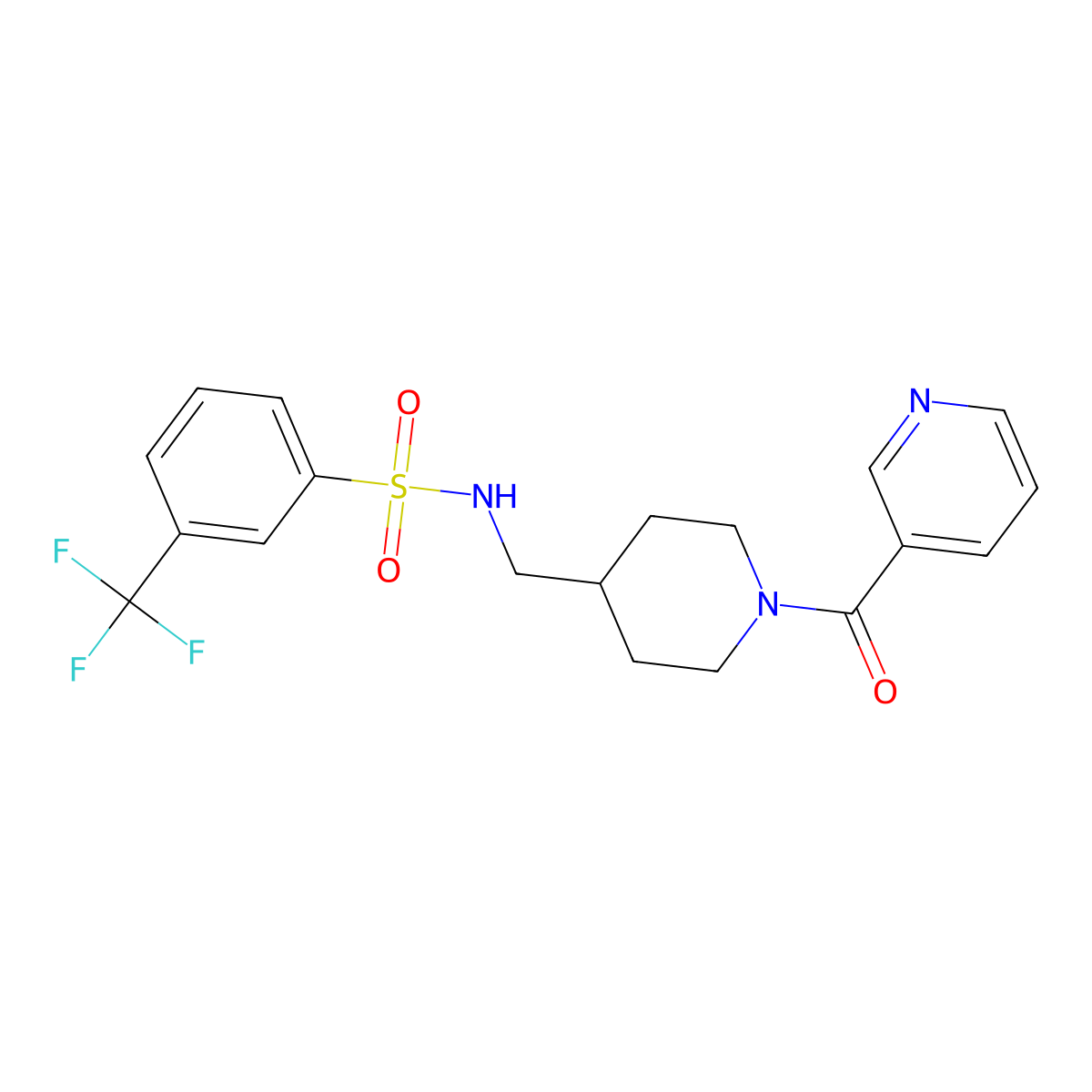N-((1-nicotinoylpiperidin-4-yl)methyl)-3-(trifluoromethyl)benzenesulfonamide molecular structure, CAS 1396713-86-2