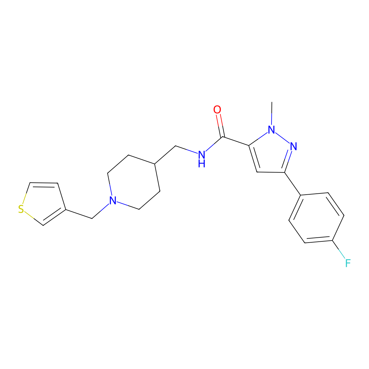 3-(4-fluorophenyl)-1-methyl-N-((1-(thiophen-3-ylmethyl)piperidin-4-yl)methyl)-1H-pyrazole-5-carboxamide molecular structure, CAS 1396714-61-6