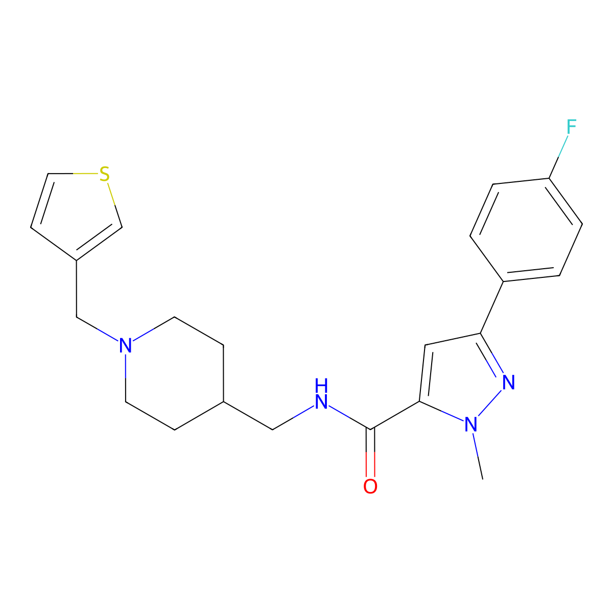3-(4-fluorophenyl)-1-methyl-N-((1-(thiophen-3-ylmethyl)piperidin-4-yl)methyl)-1H-pyrazole-5-carboxamide molecular structure, CAS 1396714-61-6