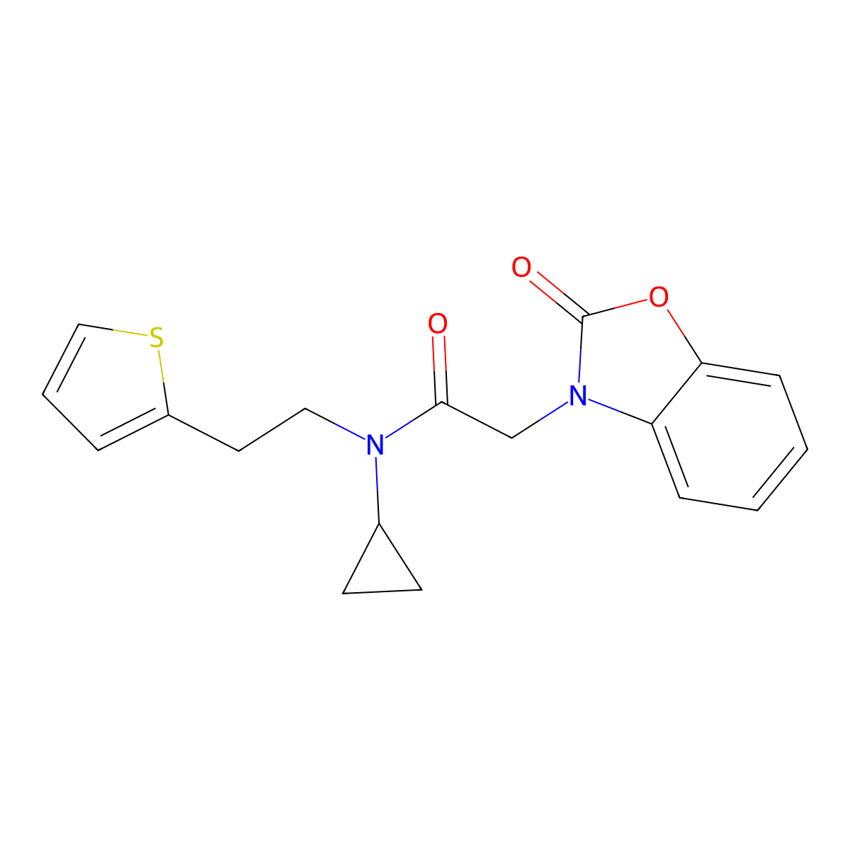 N-cyclopropyl-2-(2-oxobenzo[d]oxazol-3(2H)-yl)-N-(2-(thiophen-2-yl)ethyl)acetamide molecular structure, CAS 1396714-78-5