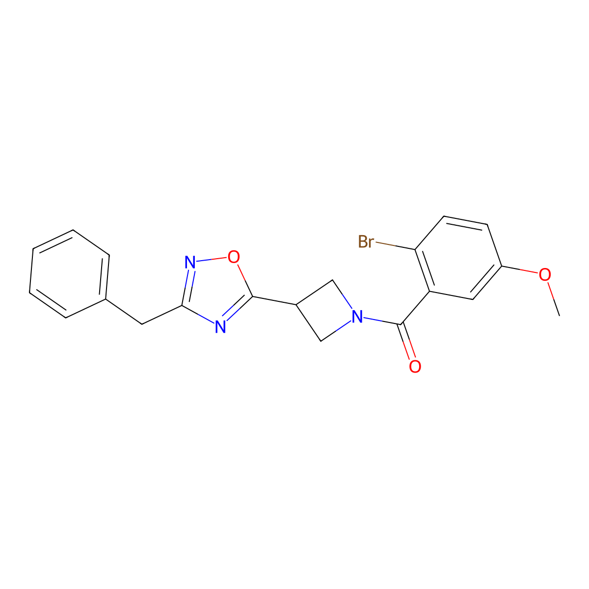 (3-(3-Benzyl-1,2,4-oxadiazol-5-yl)azetidin-1-yl)(2-bromo-5-methoxyphenyl)methanone molecular structure, CAS 1396715-53-9