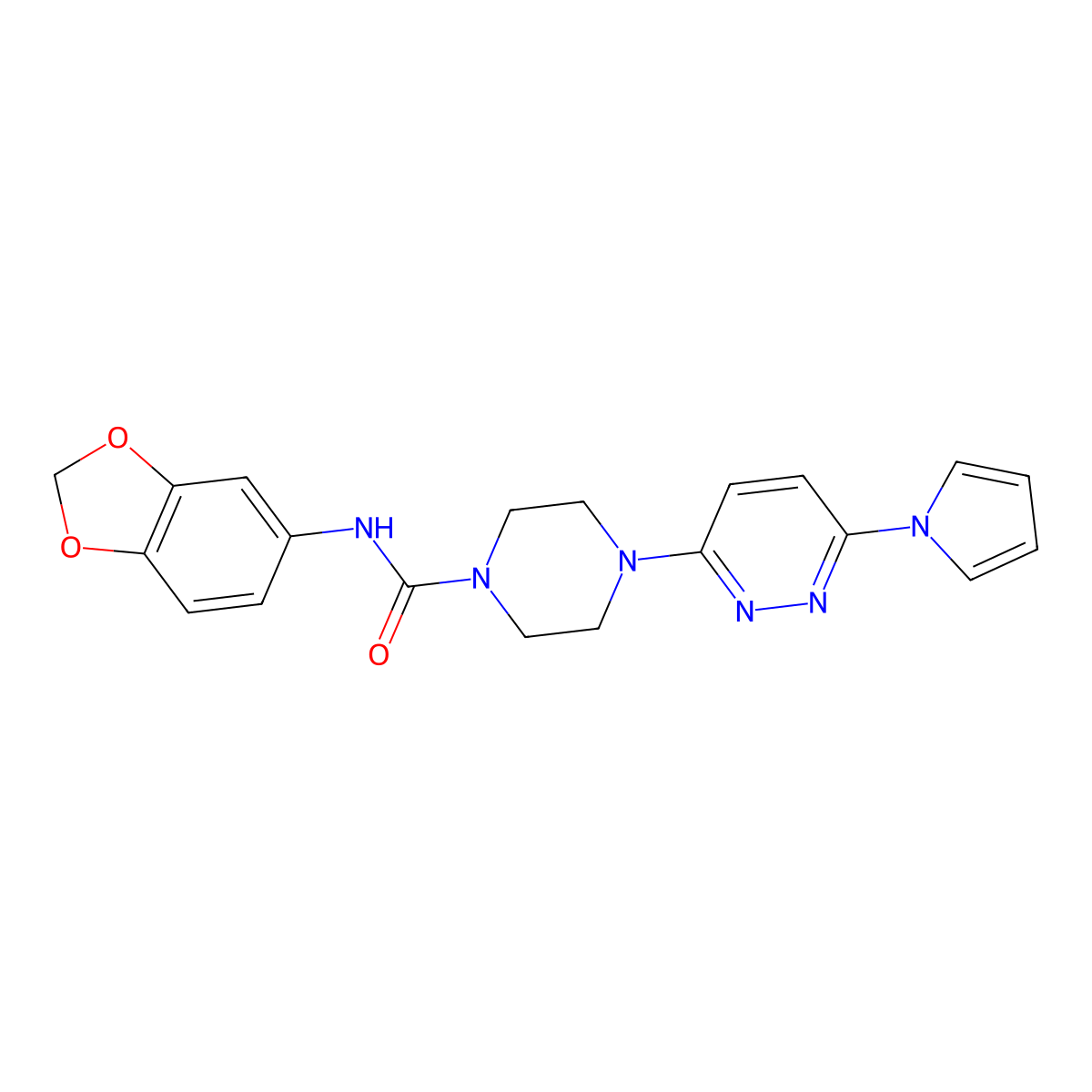 4-(6-(1H-pyrrol-1-yl)pyridazin-3-yl)-N-(benzo[d][1,3]dioxol-5-yl)piperazine-1-carboxamide molecular structure, CAS 1396715-56-2