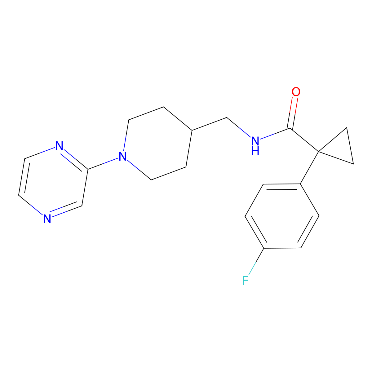 1-(4-fluorophenyl)-N-((1-(pyrazin-2-yl)piperidin-4-yl)methyl)cyclopropanecarboxamide molecular structure, CAS 1396715-63-1