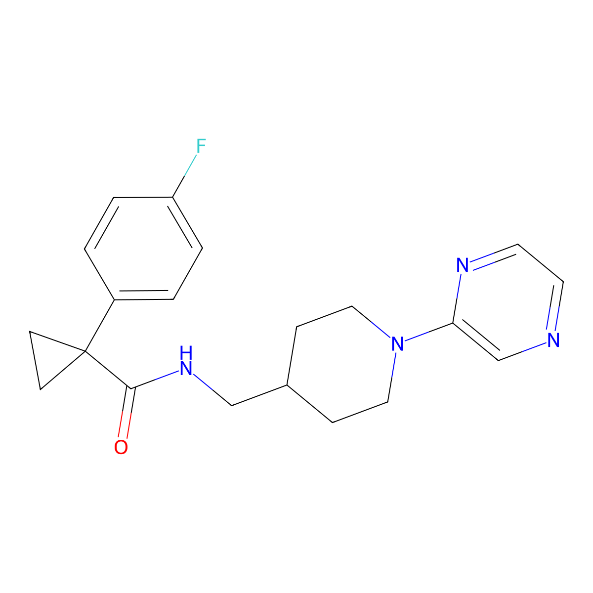 1-(4-fluorophenyl)-N-((1-(pyrazin-2-yl)piperidin-4-yl)methyl)cyclopropanecarboxamide molecular structure, CAS 1396715-63-1
