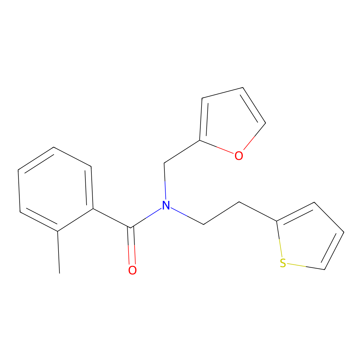 N-(furan-2-ylmethyl)-2-methyl-N-(2-(thiophen-2-yl)ethyl)benzamide molecular structure, CAS 1396715-76-6
