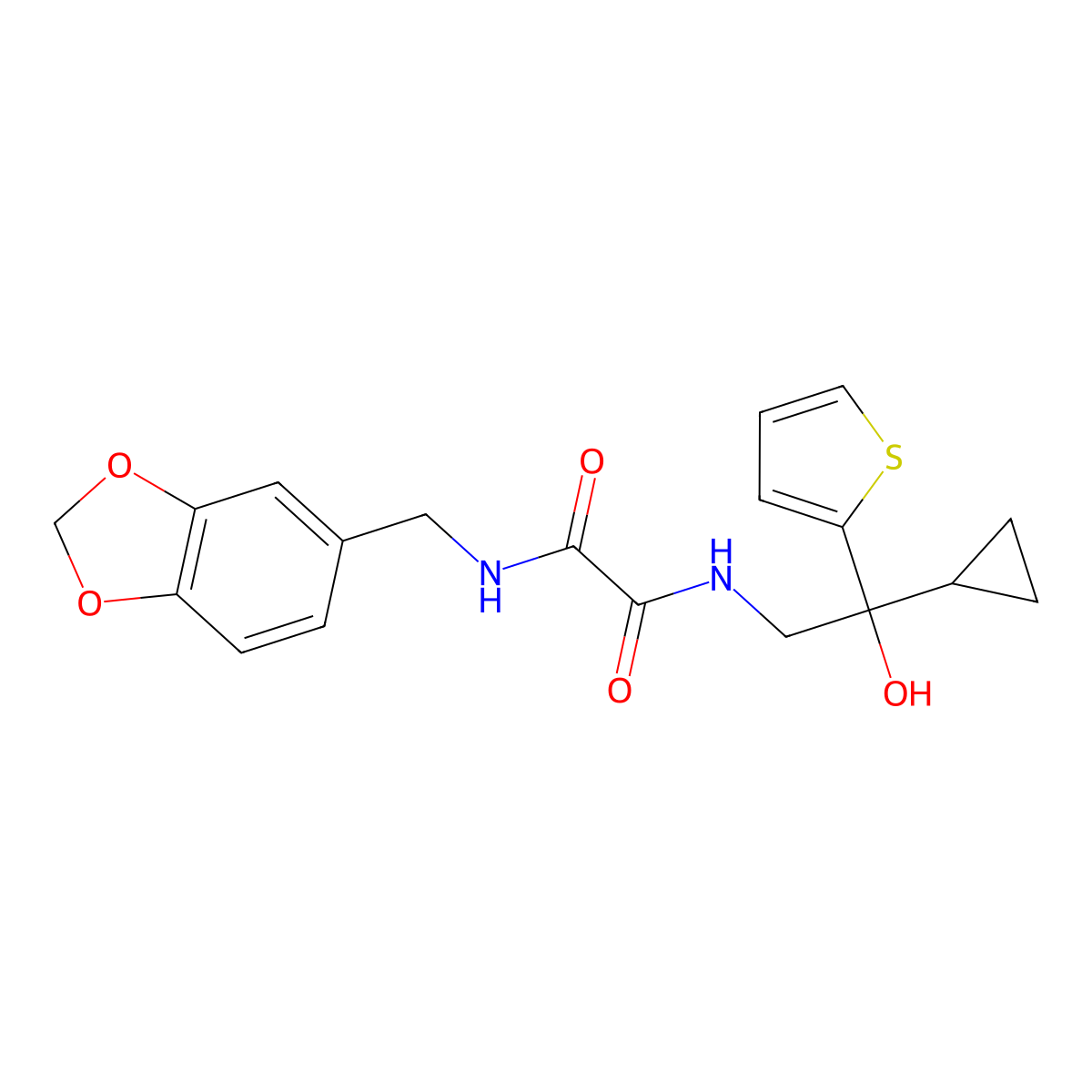 N1-(benzo[d][1,3]dioxol-5-ylmethyl)-N2-(2-cyclopropyl-2-hydroxy-2-(thiophen-2-yl)ethyl)oxalamide molecular structure, CAS 1396715-92-6