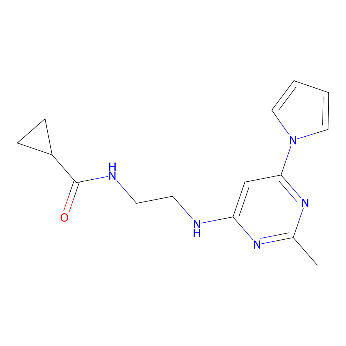N-(2-((2-methyl-6-(1H-pyrrol-1-yl)pyrimidin-4-yl)amino)ethyl)cyclopropanecarboxamide molecular structure, CAS 1396715-96-0