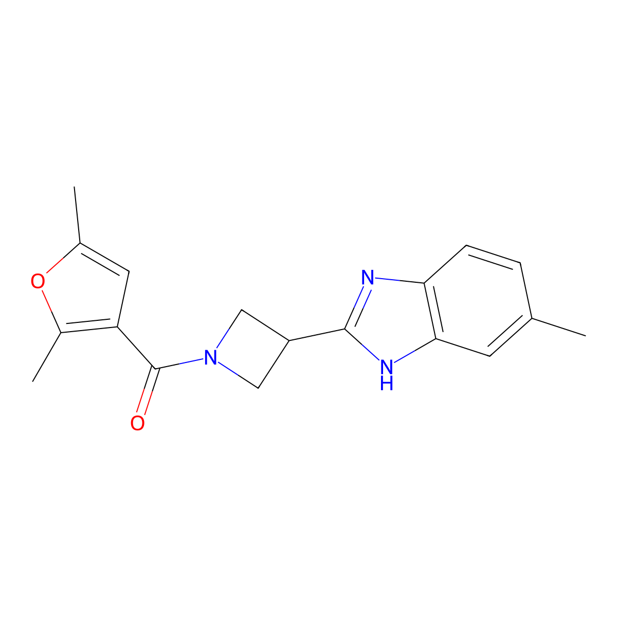 (2,5-dimethylfuran-3-yl)(3-(5-methyl-1H-benzo[d]imidazol-2-yl)azetidin-1-yl)methanone molecular structure, CAS 1396716-01-0