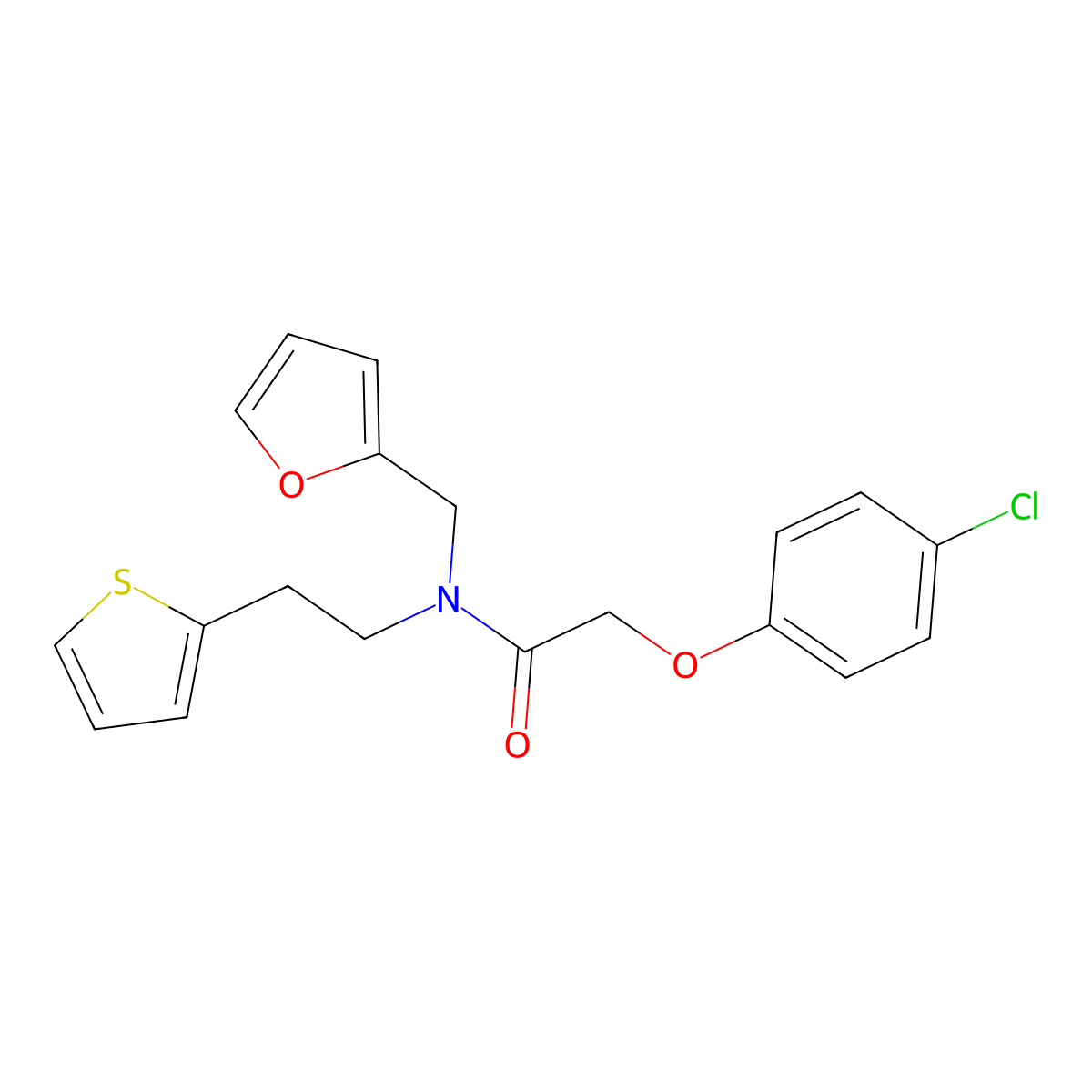 2-(4-chlorophenoxy)-N-(furan-2-ylmethyl)-N-(2-(thiophen-2-yl)ethyl)acetamide molecular structure, CAS 1396716-10-1