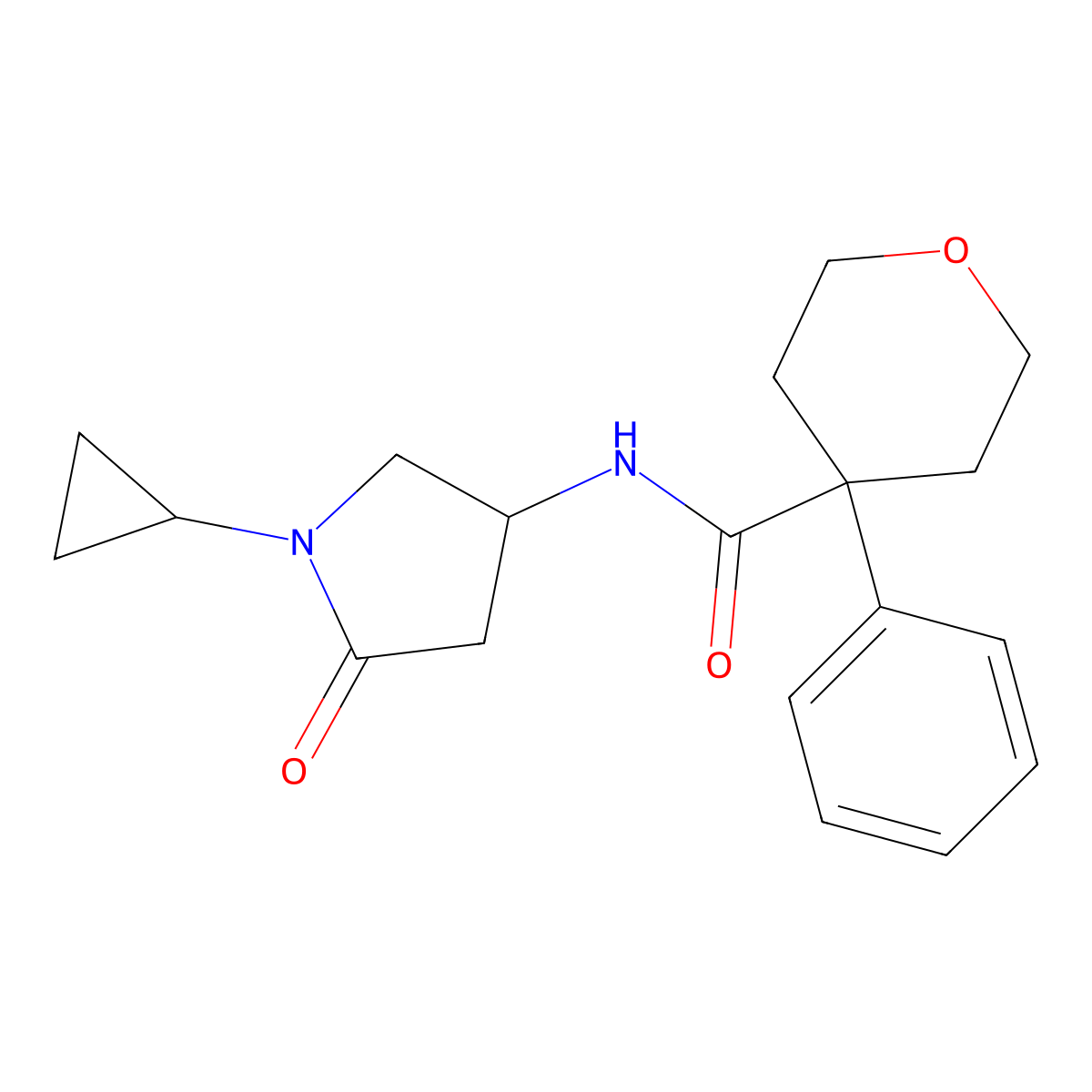 N-(1-cyclopropyl-5-oxopyrrolidin-3-yl)-4-phenyloxane-4-carboxamide molecular structure, CAS 1396716-28-1