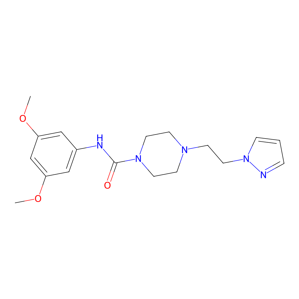 4-(2-(1H-pyrazol-1-yl)ethyl)-N-(3,5-dimethoxyphenyl)piperazine-1-carboxamide molecular structure, CAS 1396716-34-9