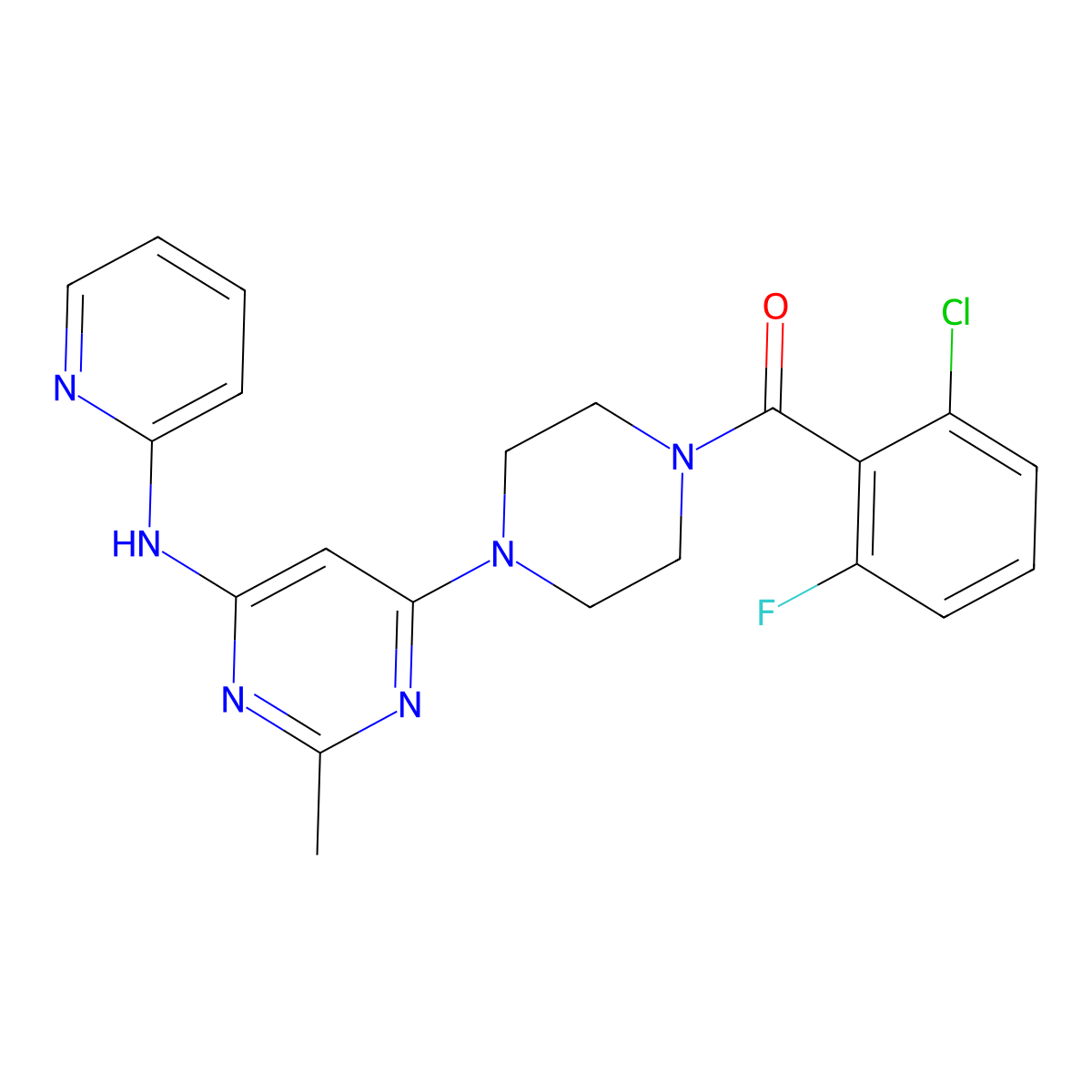 (2-Chloro-6-fluorophenyl)(4-(2-methyl-6-(pyridin-2-ylamino)pyrimidin-4-yl)piperazin-1-yl)methanone molecular structure, CAS 1396716-36-1