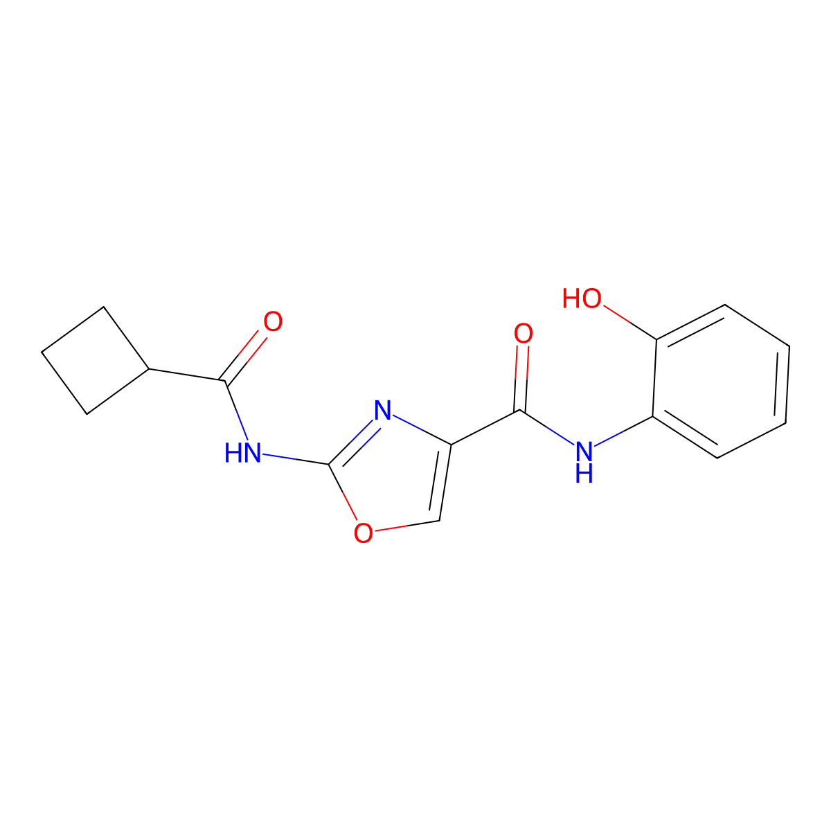 2-(cyclobutanecarboxamido)-N-(2-hydroxyphenyl)oxazole-4-carboxamide molecular structure, CAS 1396716-54-3