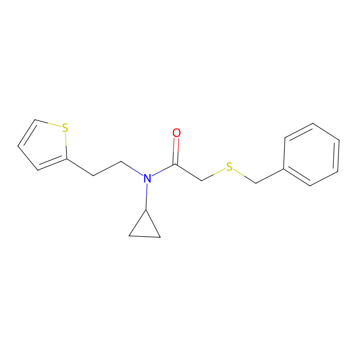 2-(benzylthio)-N-cyclopropyl-N-(2-(thiophen-2-yl)ethyl)acetamide molecular structure, CAS 1396717-24-0
