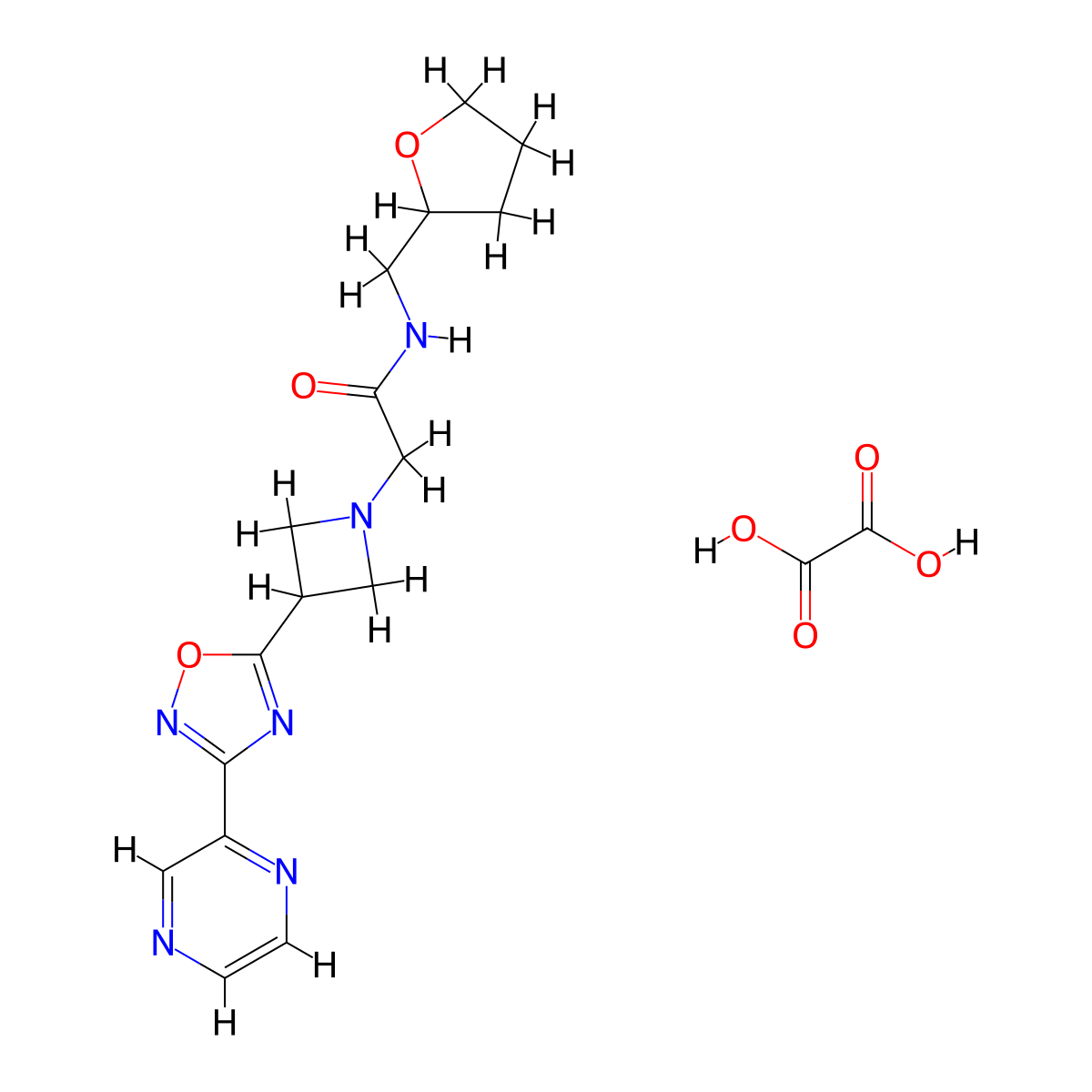 2-(3-(3-(pyrazin-2-yl)-1,2,4-oxadiazol-5-yl)azetidin-1-yl)-N-((tetrahydrofuran-2-yl)methyl)acetamide oxalate molecular structure, CAS 1396717-37-5