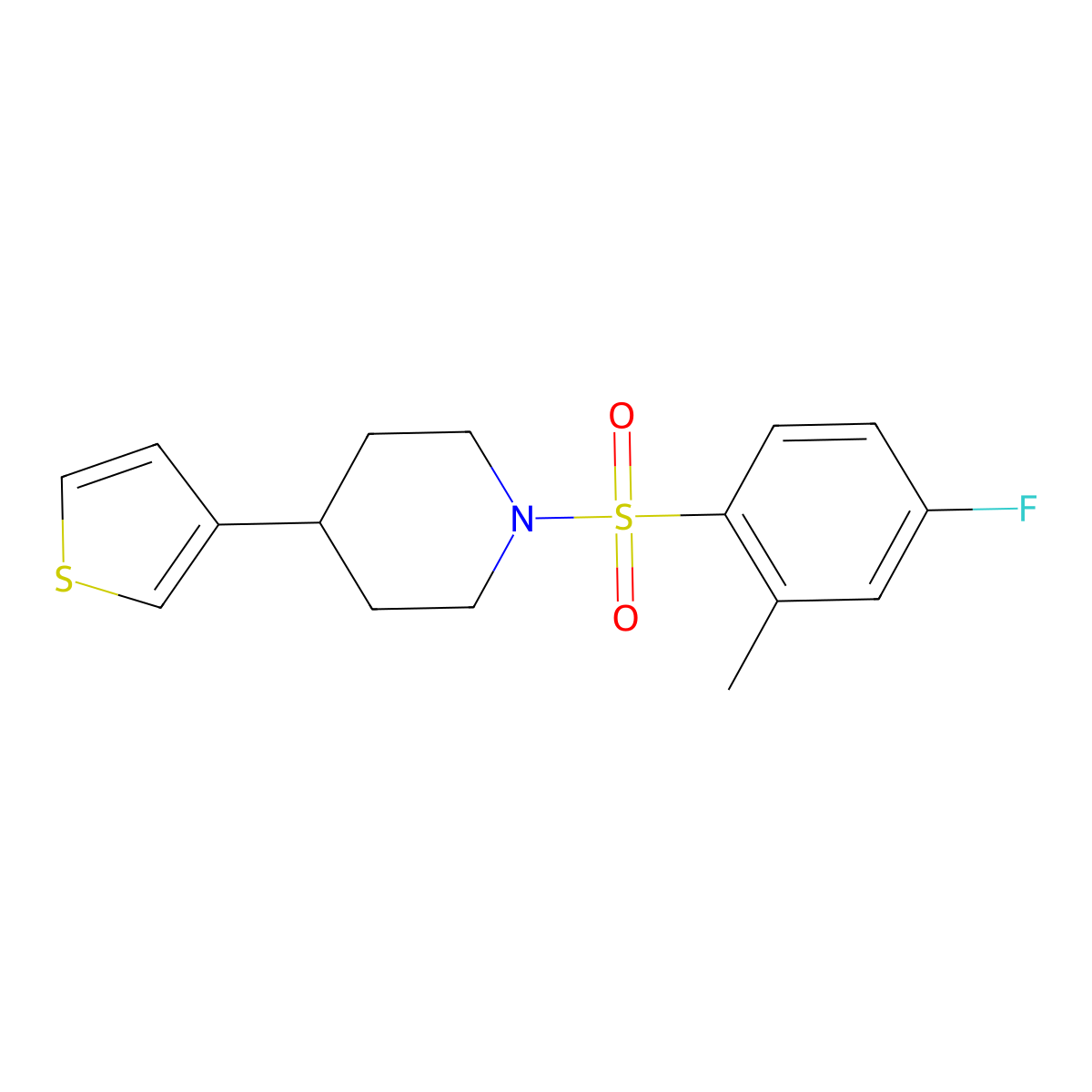 1-((4-Fluoro-2-methylphenyl)sulfonyl)-4-(thiophen-3-yl)piperidine molecular structure, CAS 1396717-56-8