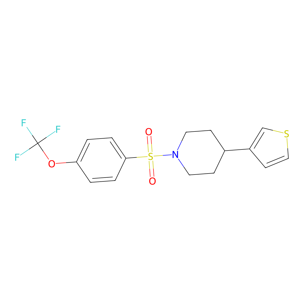 4-(Thiophen-3-yl)-1-((4-(trifluoromethoxy)phenyl)sulfonyl)piperidine molecular structure, CAS 1396717-77-3