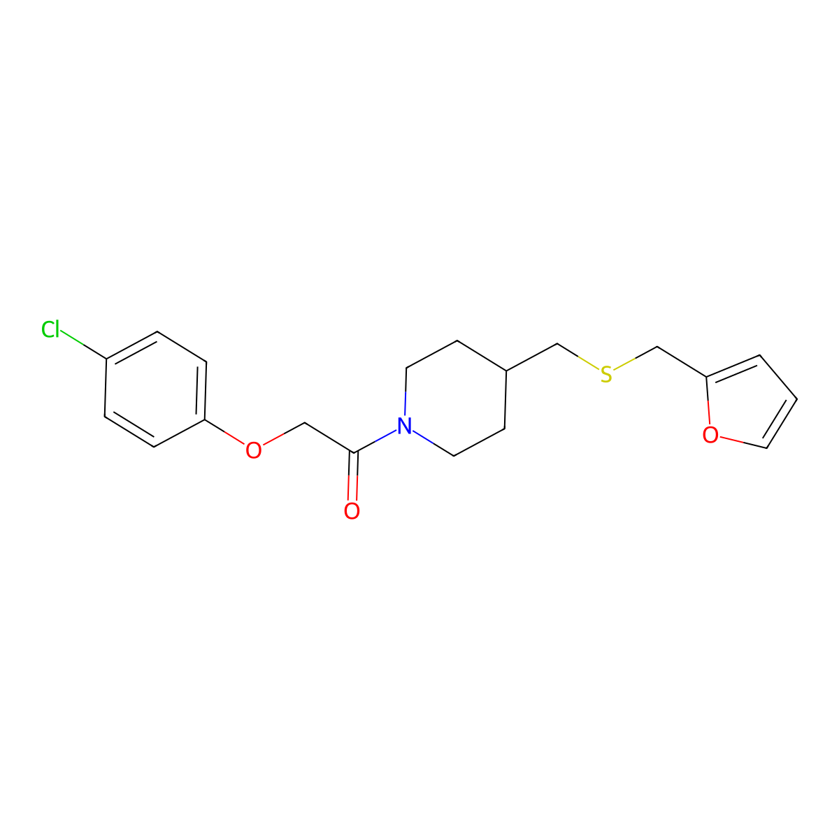 2-(4-Chlorophenoxy)-1-(4-(((furan-2-ylmethyl)thio)methyl)piperidin-1-yl)ethanone molecular structure, CAS 1396746-03-4