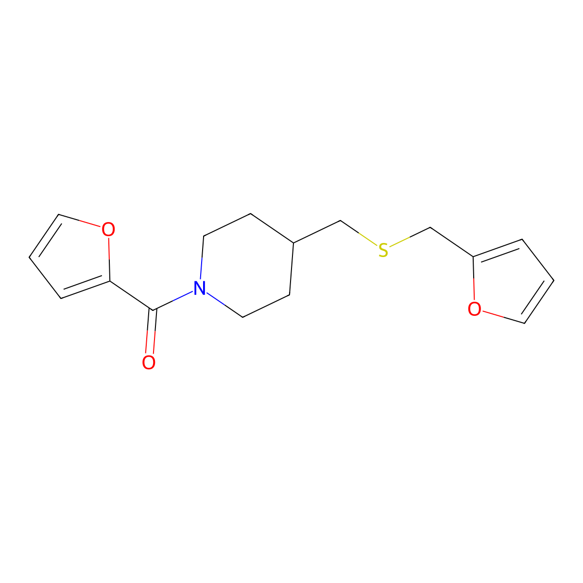Furan-2-yl(4-(((furan-2-ylmethyl)thio)methyl)piperidin-1-yl)methanone molecular structure, CAS 1396746-13-6