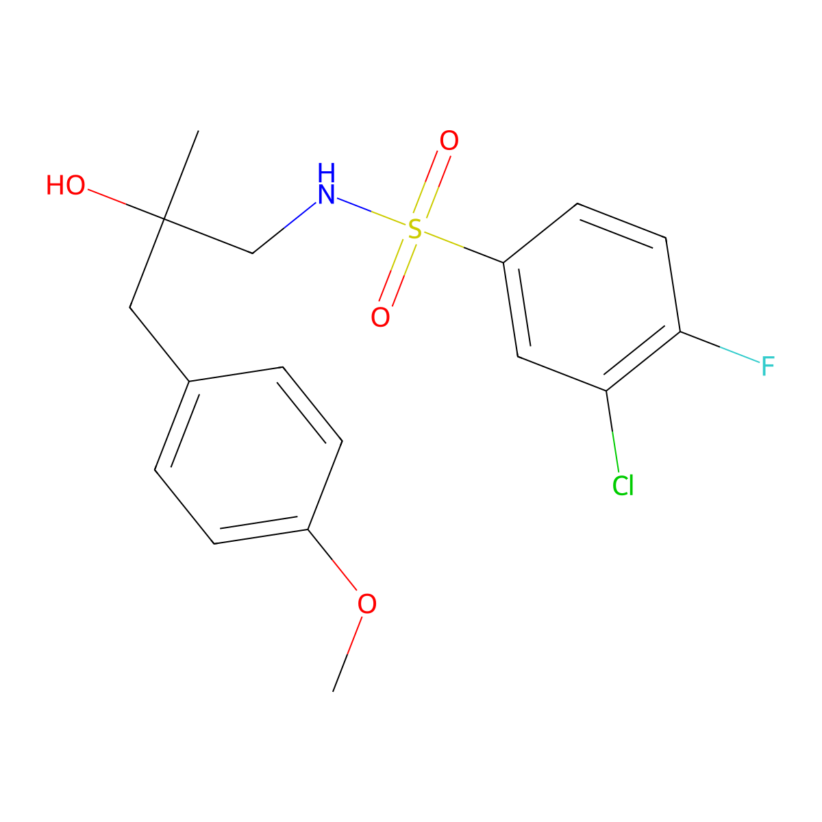 3-chloro-4-fluoro-N-(2-hydroxy-3-(4-methoxyphenyl)-2-methylpropyl)benzenesulfonamide molecular structure, CAS 1396746-17-0