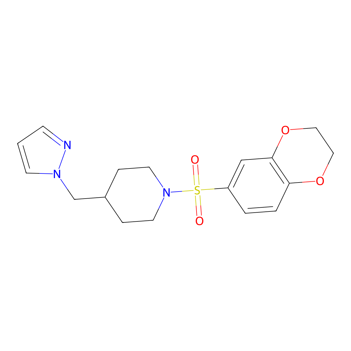 4-((1H-pyrazol-1-yl)methyl)-1-((2,3-dihydrobenzo[b][1,4]dioxin-6-yl)sulfonyl)piperidine molecular structure, CAS 1396746-19-2