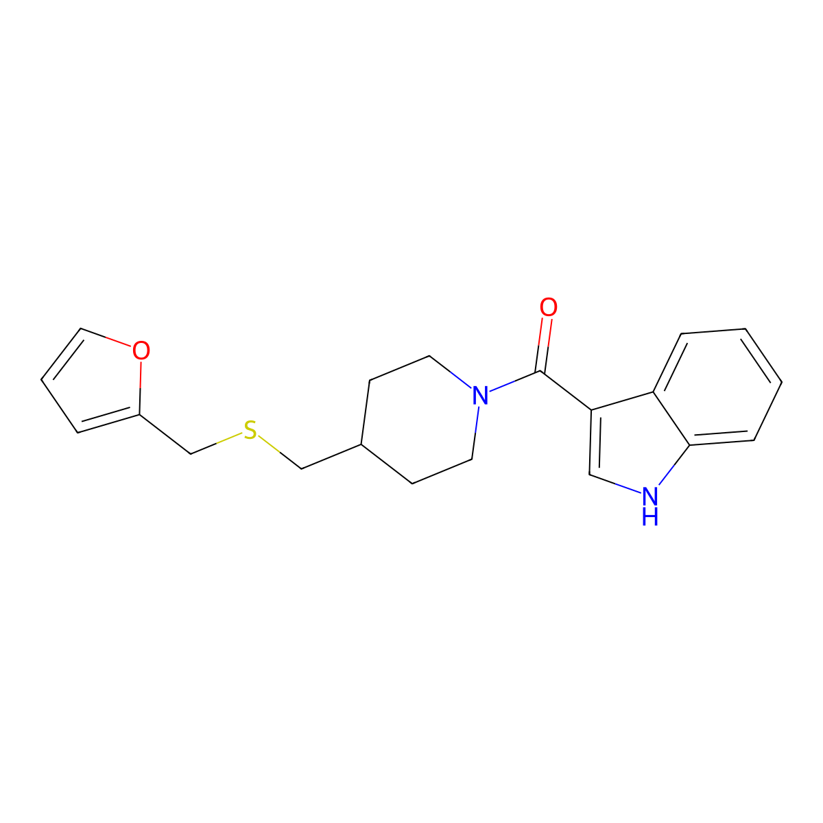 (4-(((furan-2-ylmethyl)thio)methyl)piperidin-1-yl)(1H-indol-3-yl)methanone molecular structure, CAS 1396746-22-7