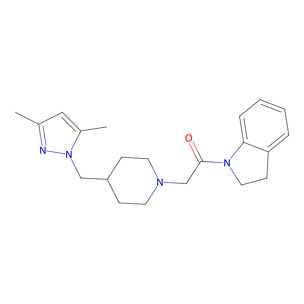 2-(4-((3,5-dimethyl-1H-pyrazol-1-yl)methyl)piperidin-1-yl)-1-(indolin-1-yl)ethanone molecular structure, CAS 1396746-25-0