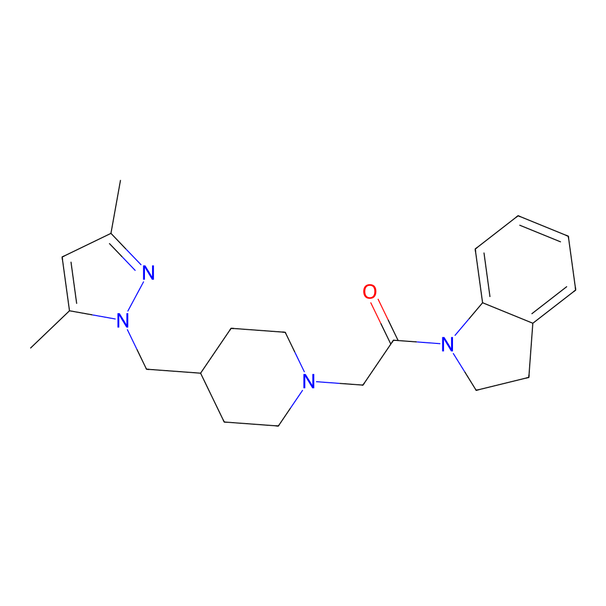 2-(4-((3,5-dimethyl-1H-pyrazol-1-yl)methyl)piperidin-1-yl)-1-(indolin-1-yl)ethanone molecular structure, CAS 1396746-25-0