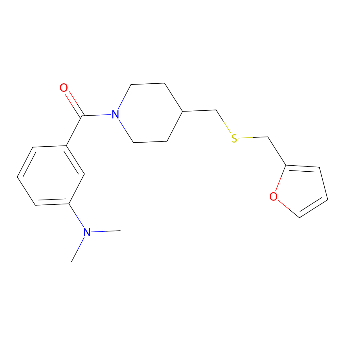 (3-(Dimethylamino)phenyl)(4-(((furan-2-ylmethyl)thio)methyl)piperidin-1-yl)methanone molecular structure, CAS 1396746-29-4