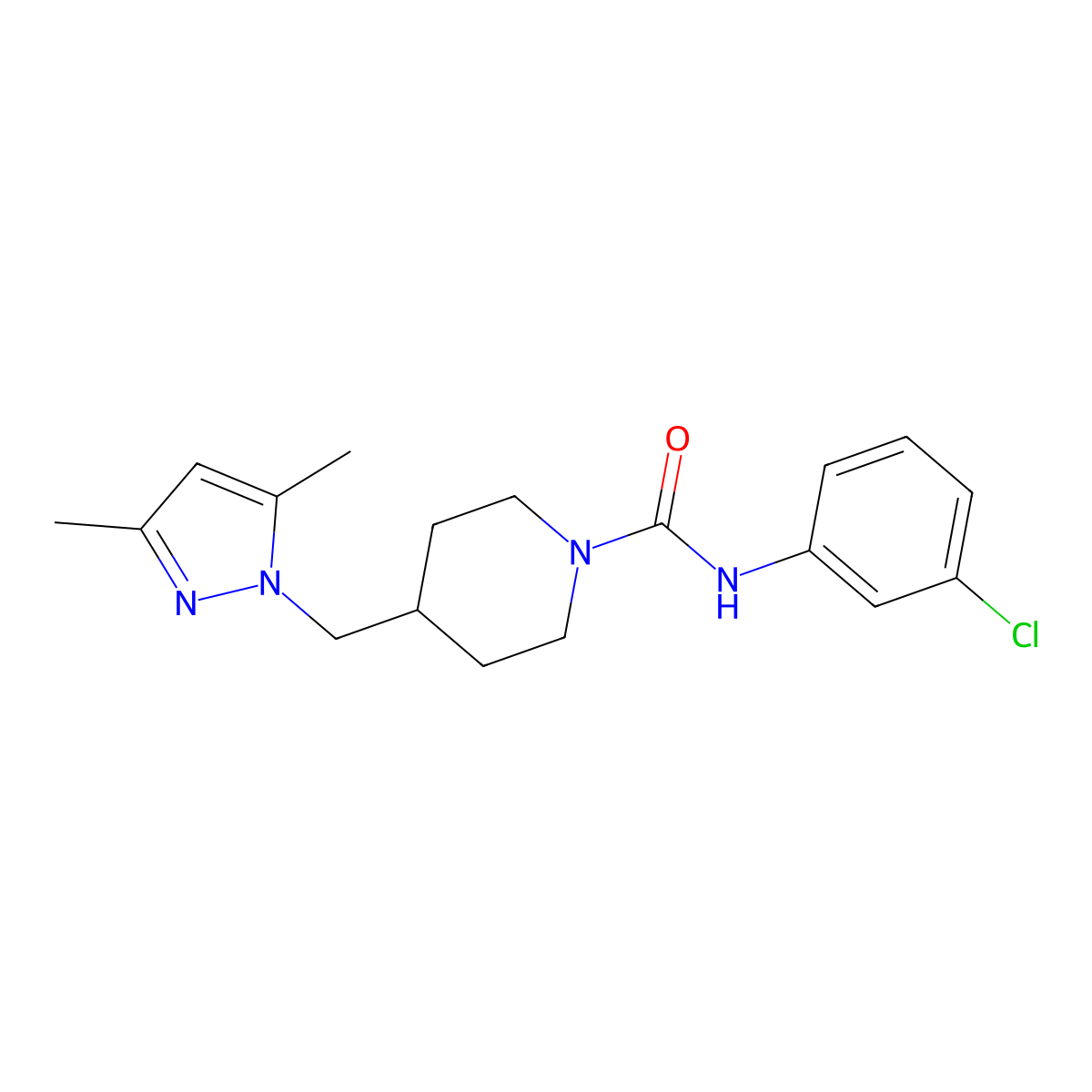 N-(3-chlorophenyl)-4-((3,5-dimethyl-1H-pyrazol-1-yl)methyl)piperidine-1-carboxamide molecular structure, CAS 1396746-35-2