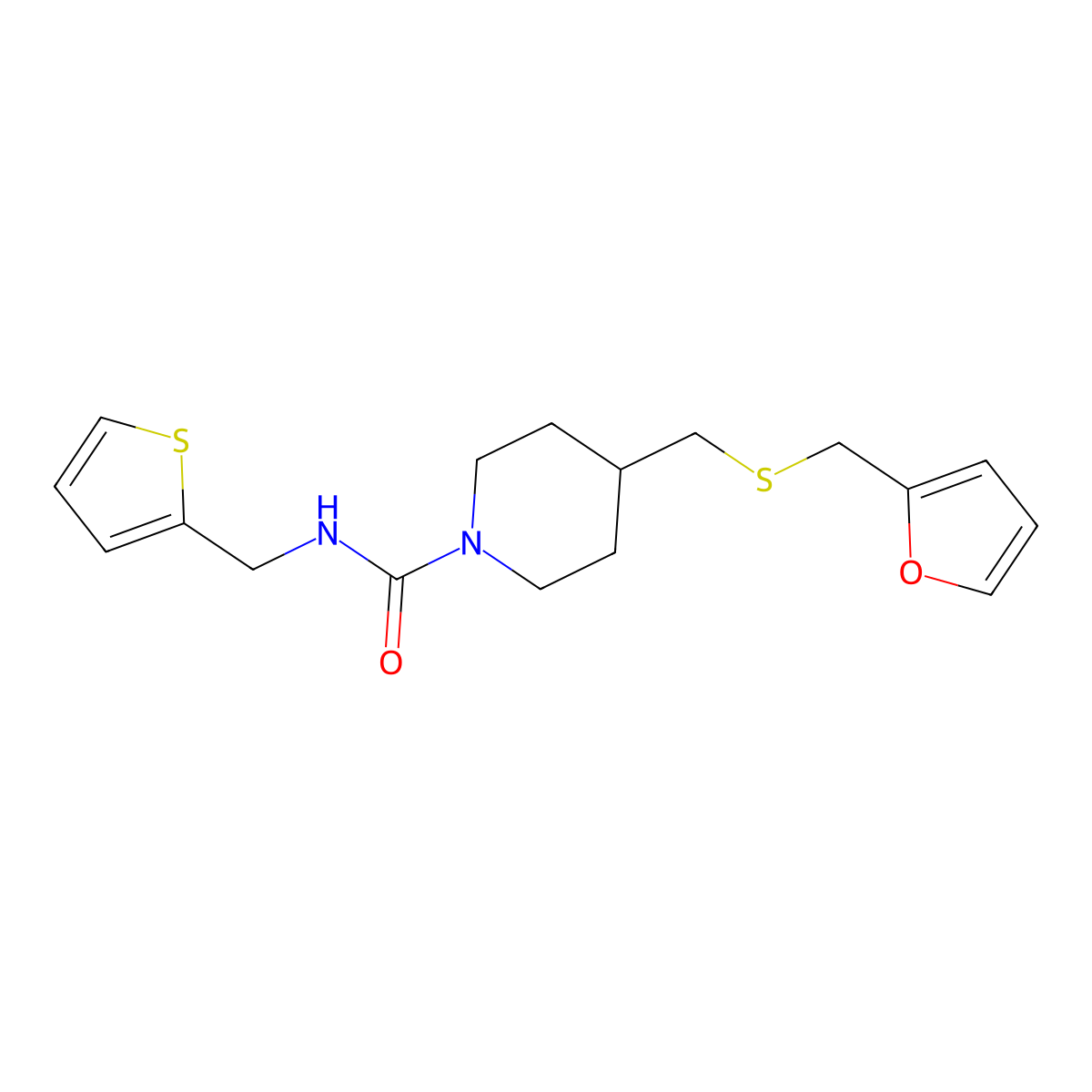 4-(((furan-2-ylmethyl)thio)methyl)-N-(thiophen-2-ylmethyl)piperidine-1-carboxamide molecular structure, CAS 1396746-37-4