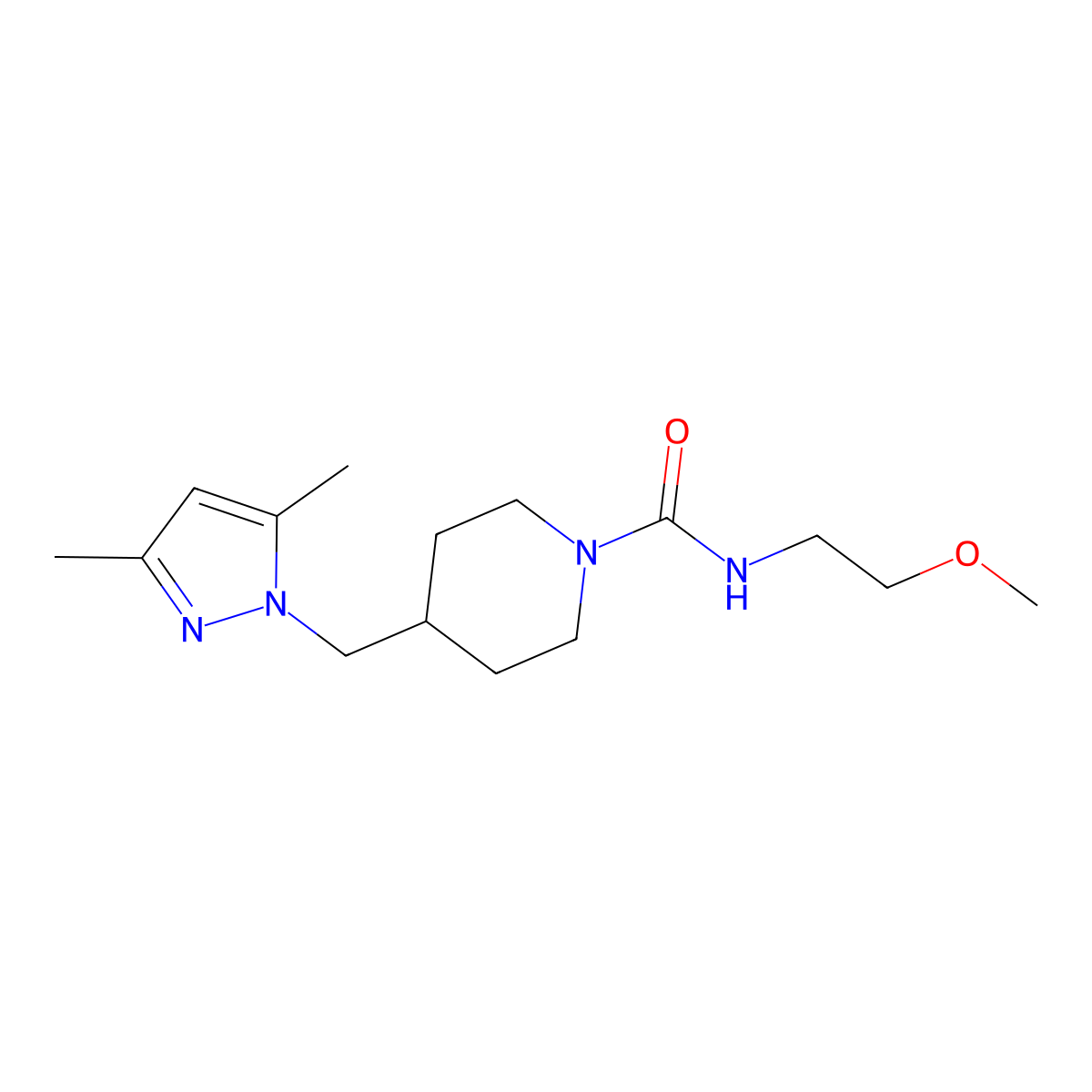 4-[(3,5-dimethyl-1H-pyrazol-1-yl)methyl]-N-(2-methoxyethyl)piperidine-1-carboxamide molecular structure, CAS 1396746-39-6