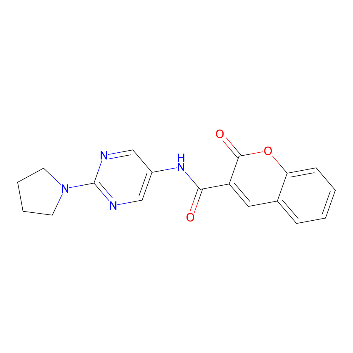 2-oxo-N-(2-(pyrrolidin-1-yl)pyrimidin-5-yl)-2H-chromene-3-carboxamide molecular structure, CAS 1396746-42-1