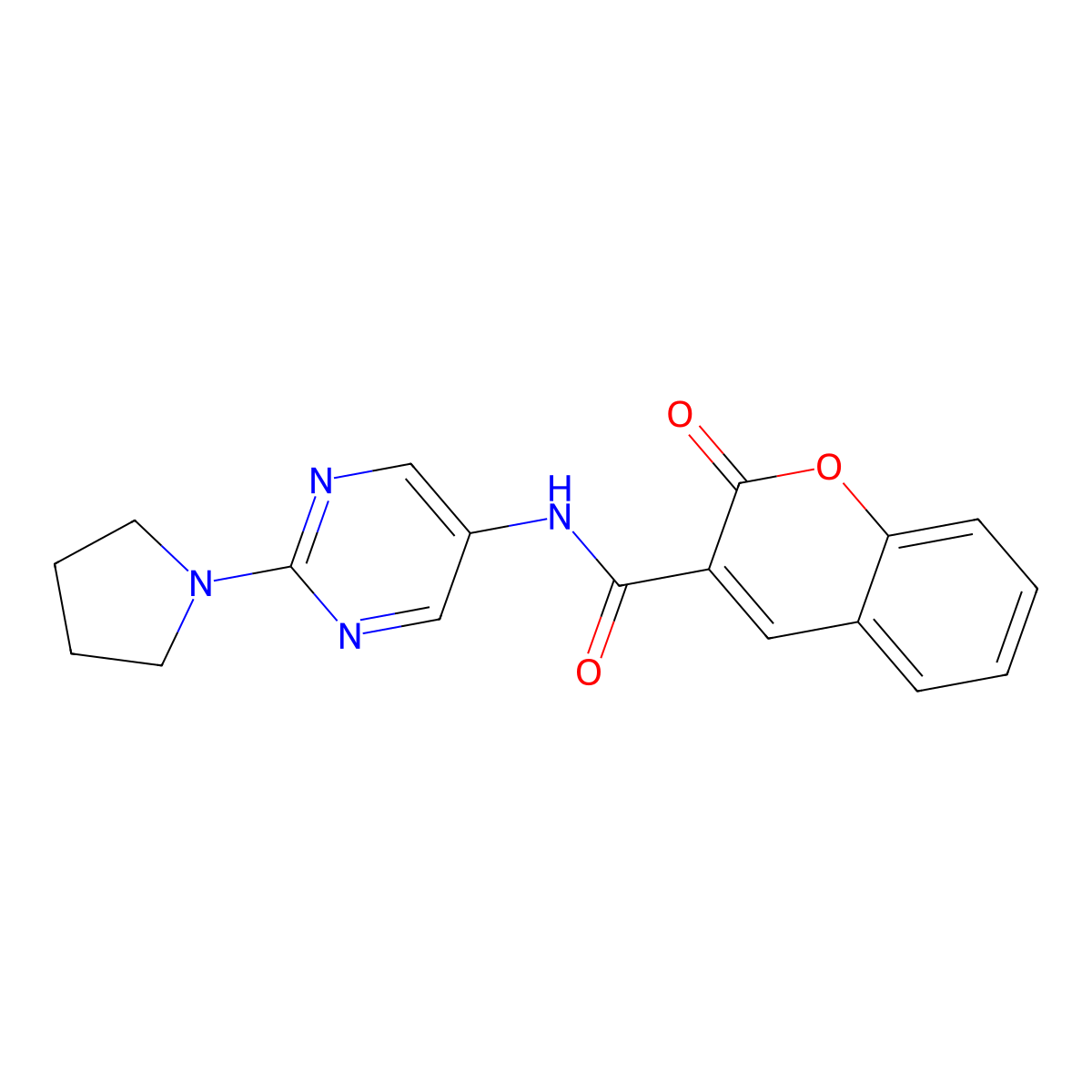 2-oxo-N-(2-(pyrrolidin-1-yl)pyrimidin-5-yl)-2H-chromene-3-carboxamide molecular structure, CAS 1396746-42-1