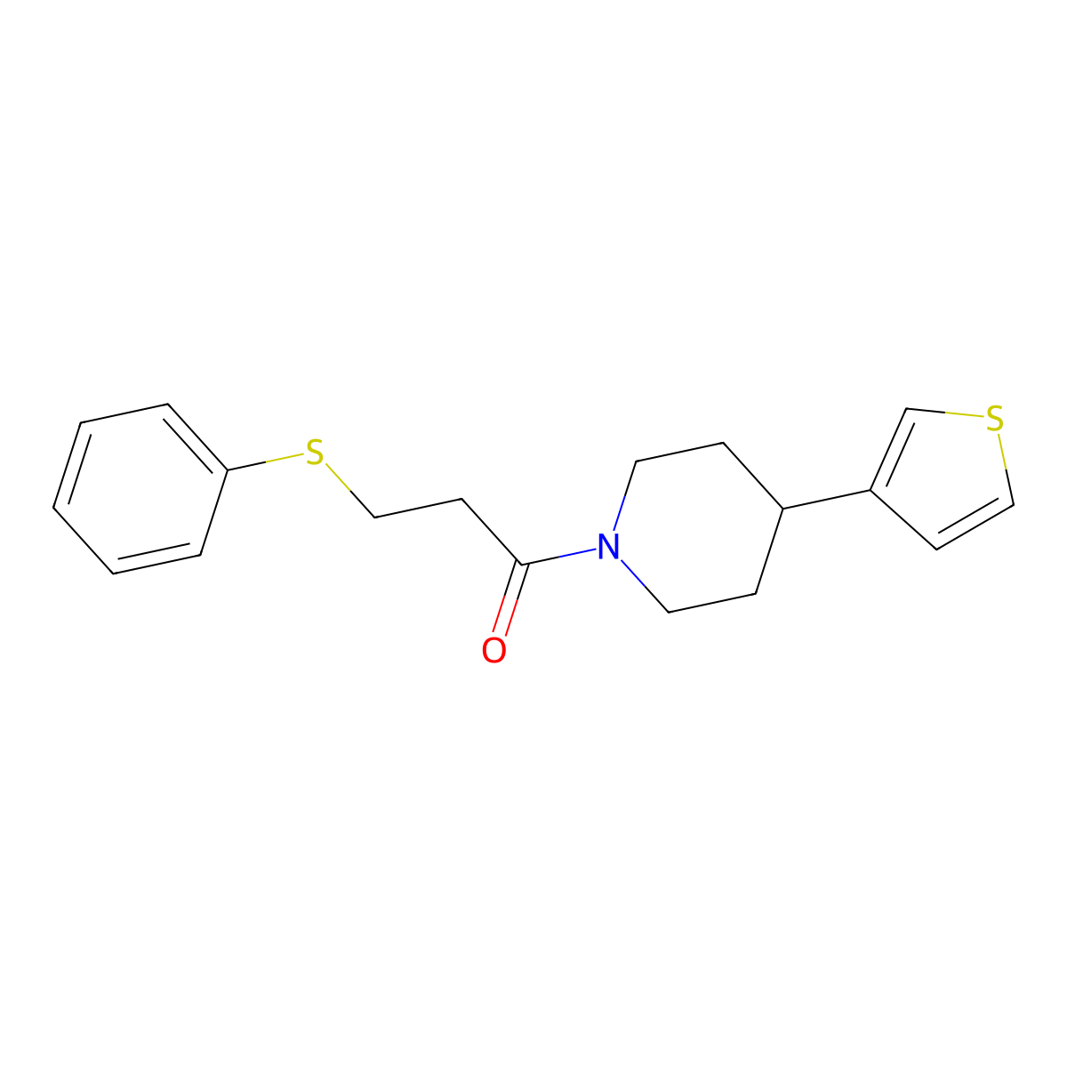 3-(Phenylthio)-1-(4-(thiophen-3-yl)piperidin-1-yl)propan-1-one molecular structure, CAS 1396746-45-4
