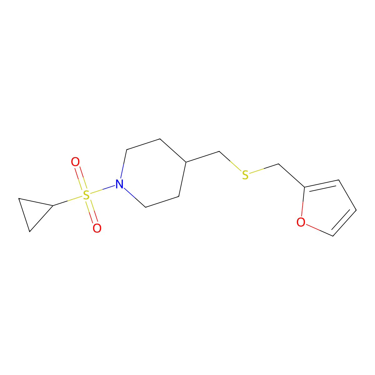 1-(Cyclopropylsulfonyl)-4-(((furan-2-ylmethyl)thio)methyl)piperidine molecular structure, CAS 1396746-55-6