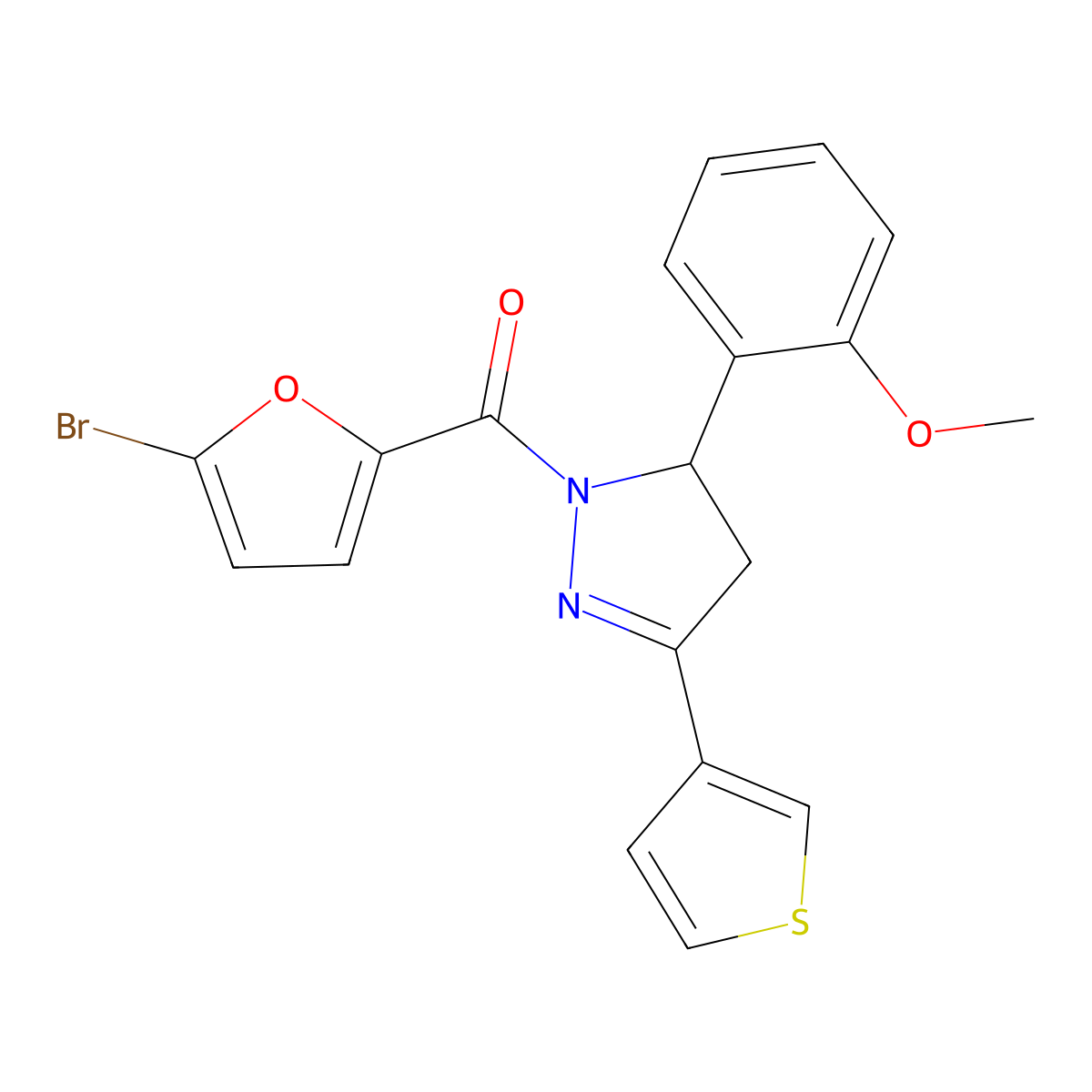 (5-bromofuran-2-yl)(5-(2-methoxyphenyl)-3-(thiophen-3-yl)-4,5-dihydro-1H-pyrazol-1-yl)methanone molecular structure, CAS 1396746-90-9