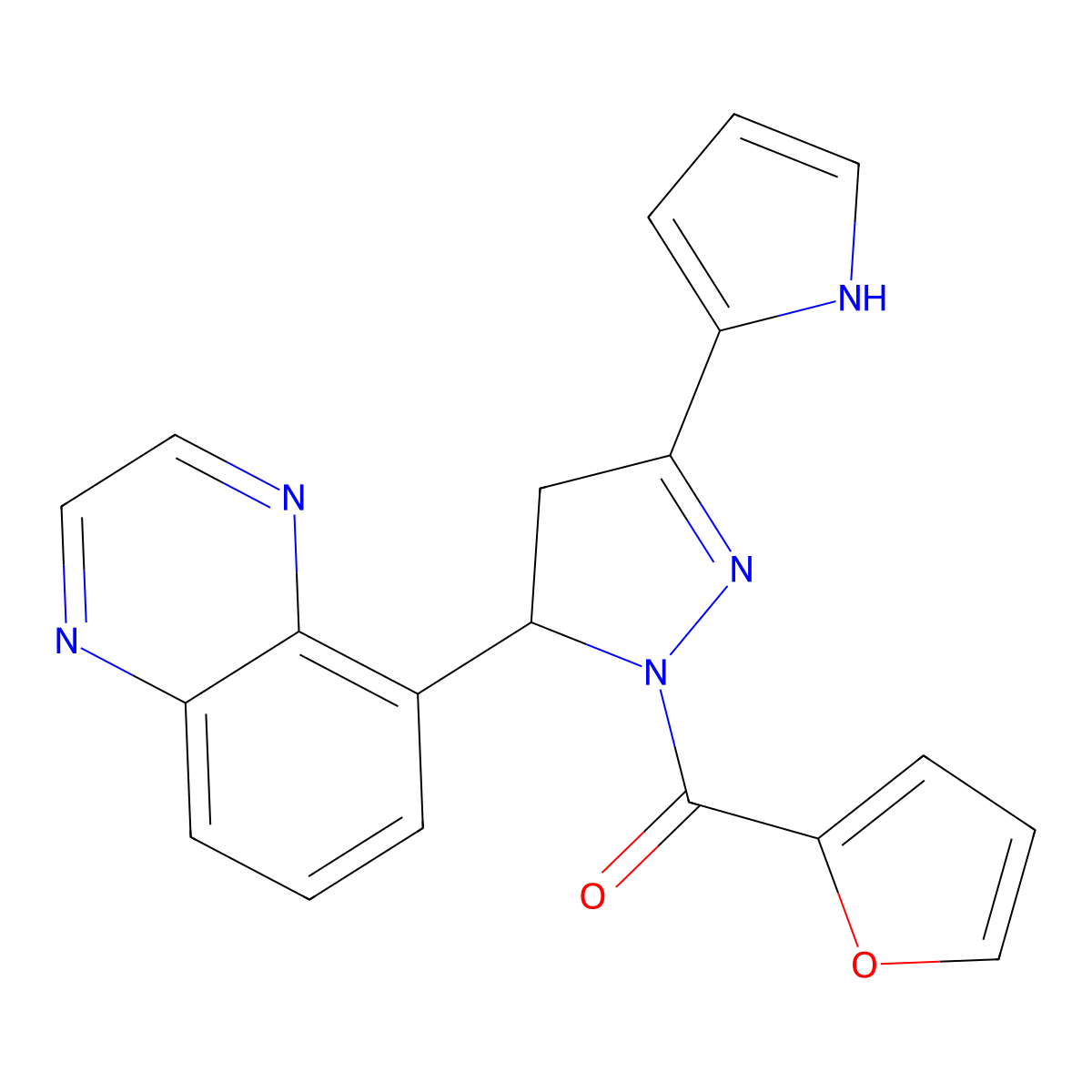 (3-(1H-pyrrol-2-yl)-5-(quinoxalin-5-yl)-4,5-dihydro-1H-pyrazol-1-yl)(furan-2-yl)methanone molecular structure, CAS 1396746-99-8