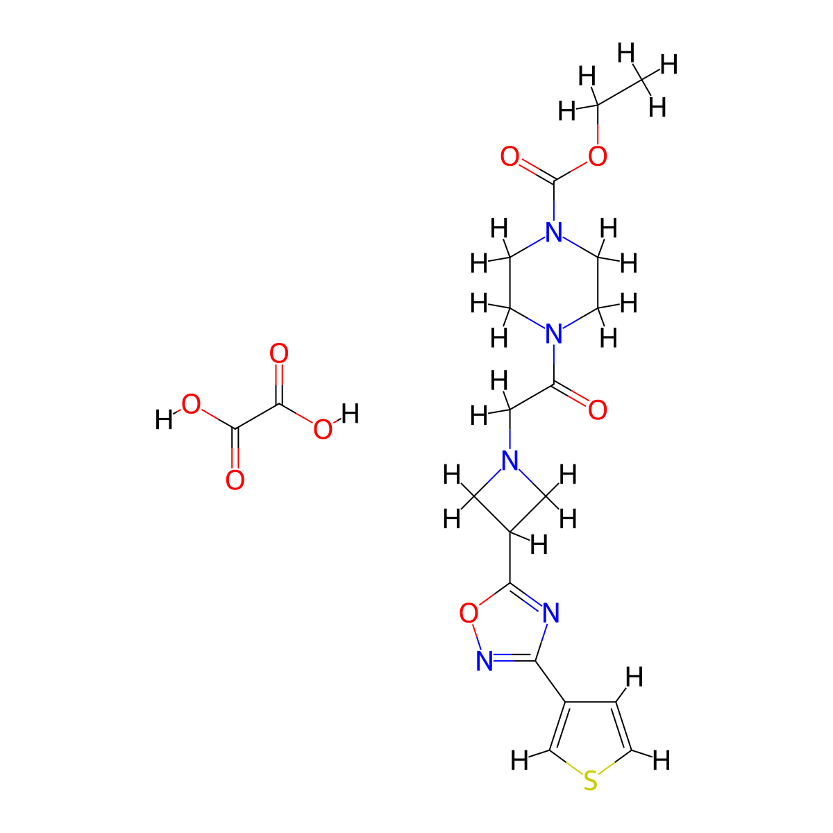 Ethyl 4-(2-(3-(3-(thiophen-3-yl)-1,2,4-oxadiazol-5-yl)azetidin-1-yl)acetyl)piperazine-1-carboxylate oxalate molecular structure, CAS 1396747-17-3