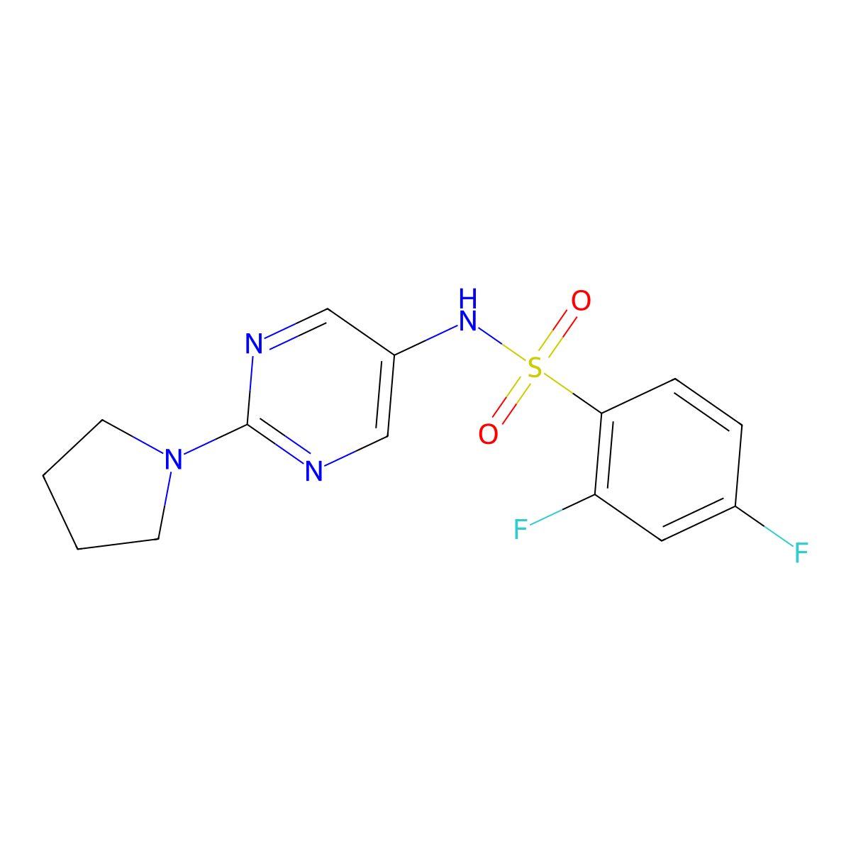 2,4-difluoro-N-(2-(pyrrolidin-1-yl)pyrimidin-5-yl)benzenesulfonamide molecular structure, CAS 1396747-27-5