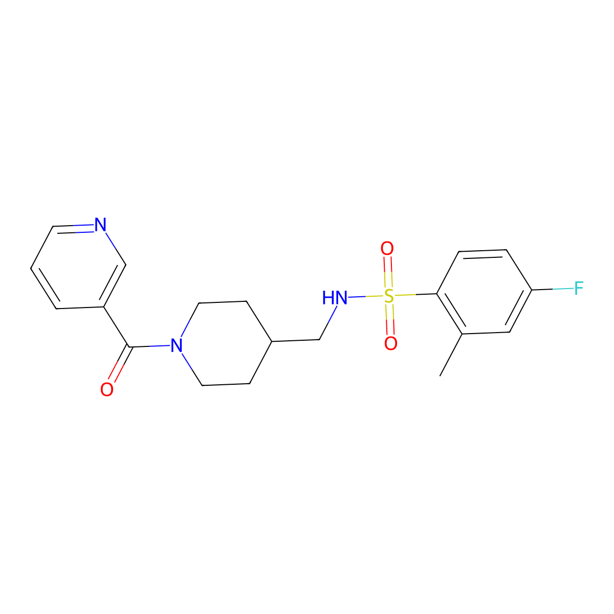 4-fluoro-2-methyl-N-((1-nicotinoylpiperidin-4-yl)methyl)benzenesulfonamide molecular structure, CAS 1396747-37-7