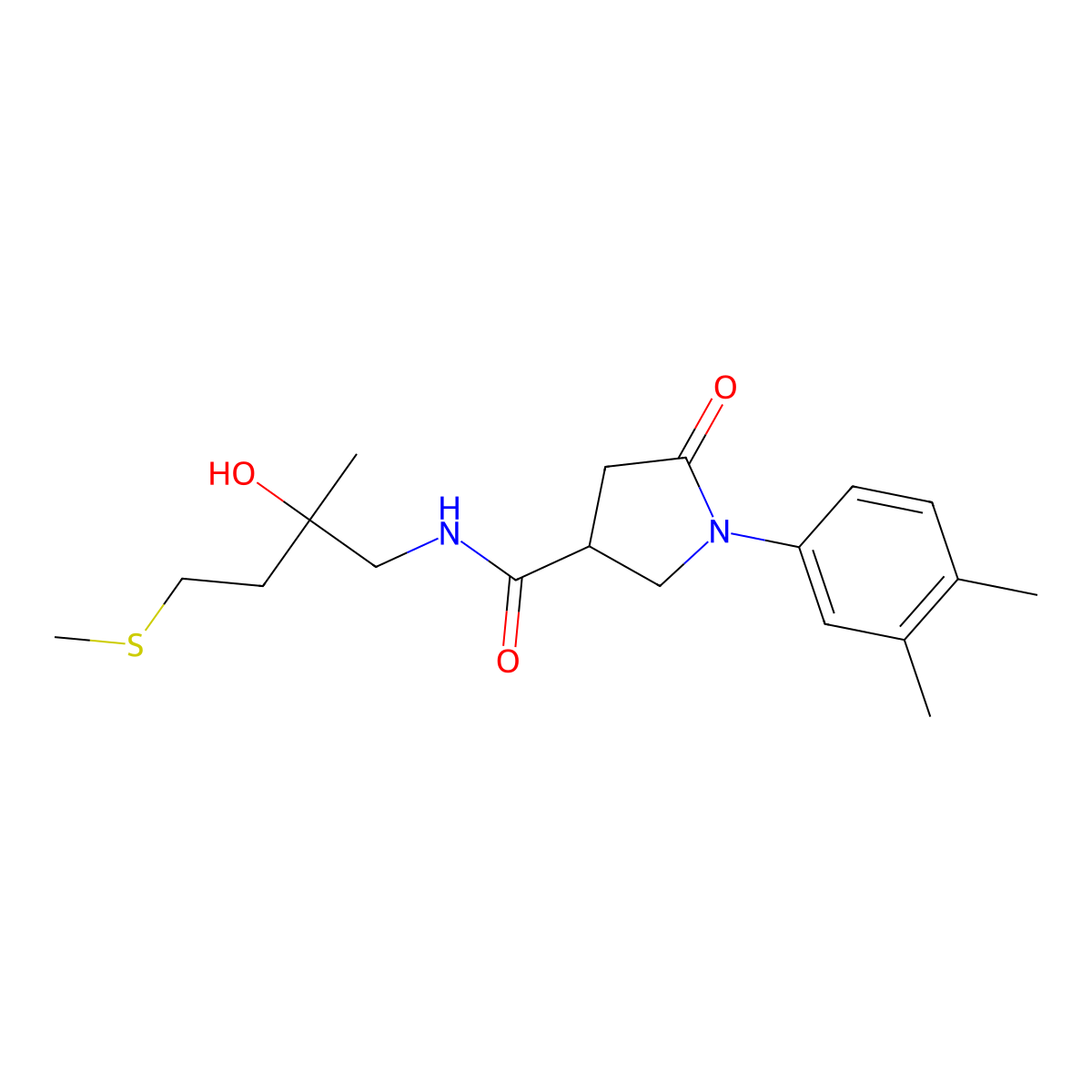 1-(3,4-dimethylphenyl)-N-(2-hydroxy-2-methyl-4-(methylthio)butyl)-5-oxopyrrolidine-3-carboxamide molecular structure, CAS 1396747-86-6