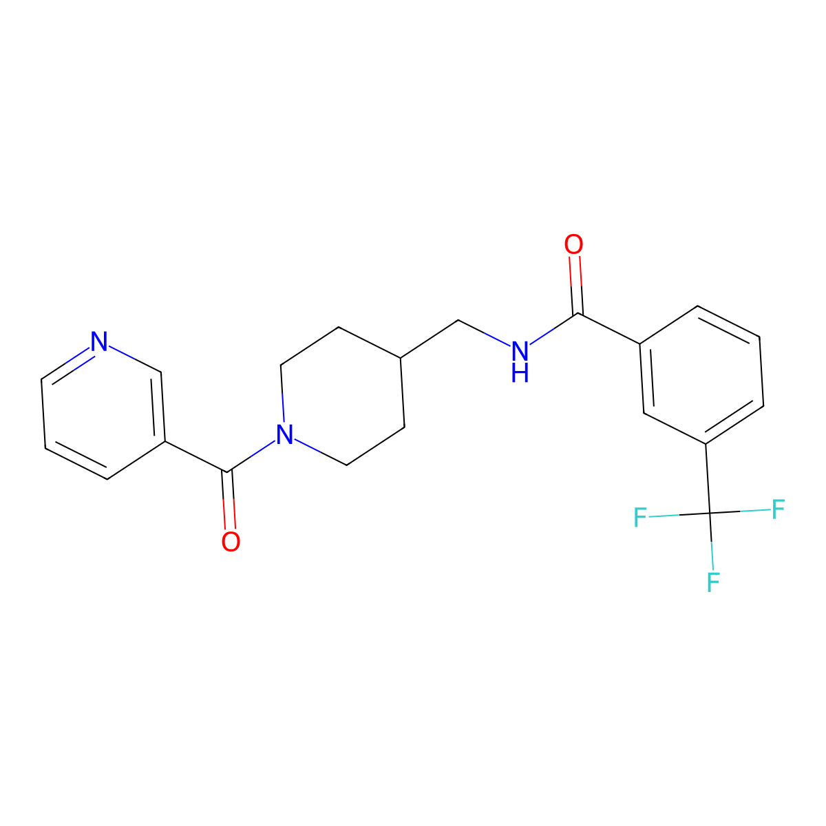 N-((1-nicotinoylpiperidin-4-yl)methyl)-3-(trifluoromethyl)benzamide molecular structure, CAS 1396747-92-4