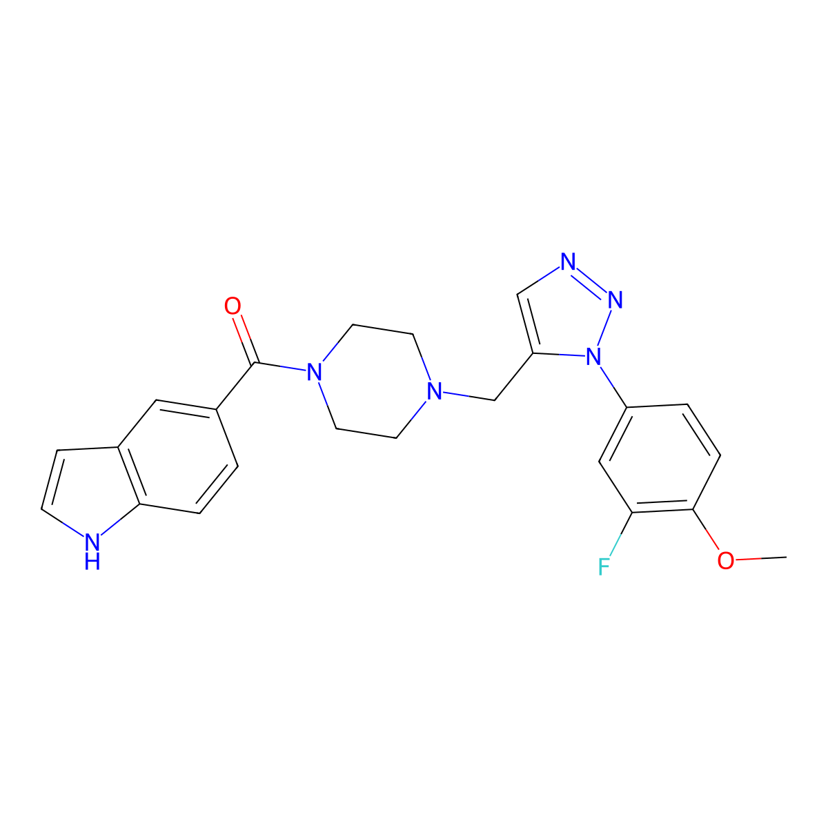 (4-((1-(3-fluoro-4-methoxyphenyl)-1H-1,2,3-triazol-5-yl)methyl)piperazin-1-yl)(1H-indol-5-yl)methanone molecular structure, CAS 1396747-95-7