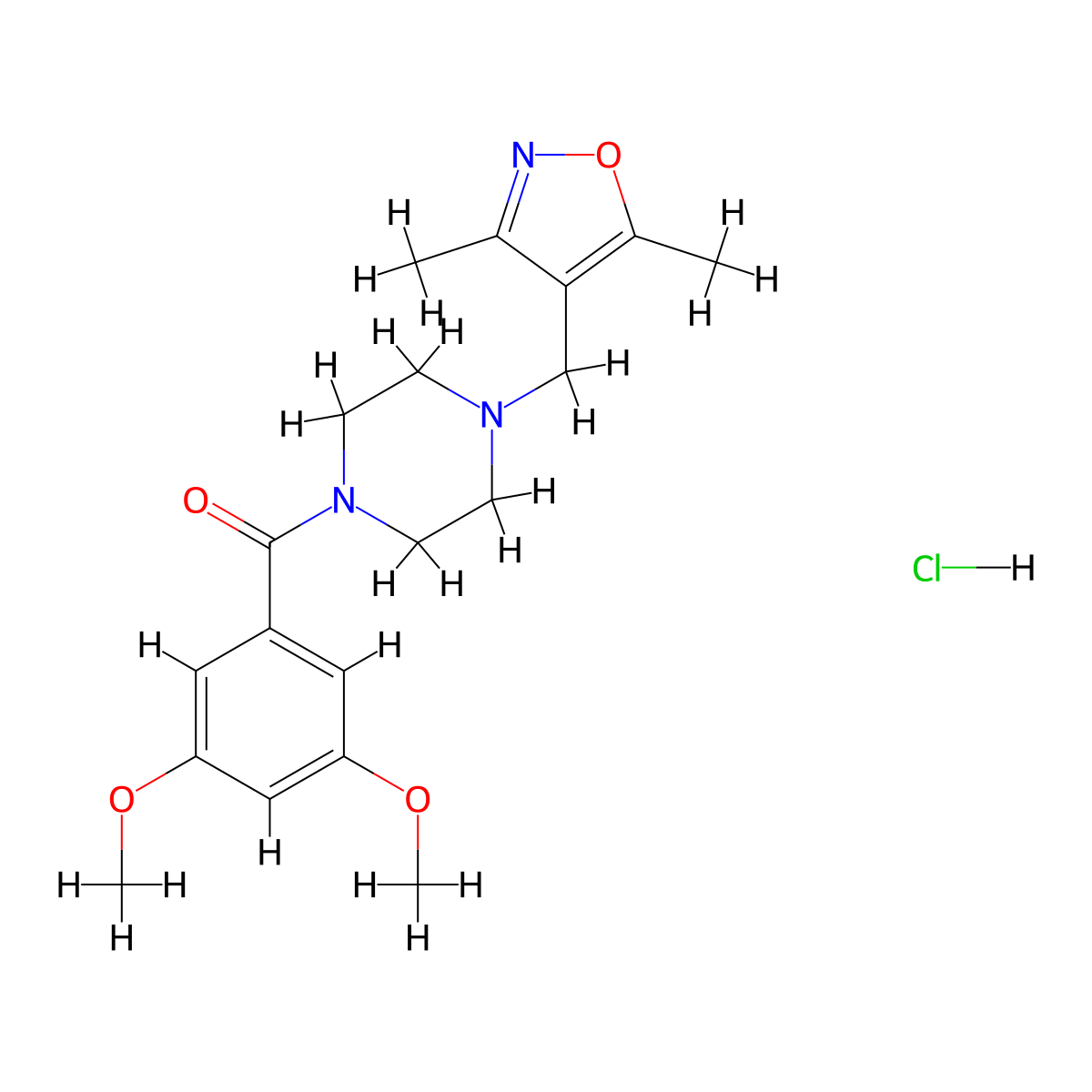 (3,5-Dimethoxyphenyl)(4-((3,5-dimethylisoxazol-4-yl)methyl)piperazin-1-yl)methanone hydrochloride molecular structure, CAS 1396748-15-4