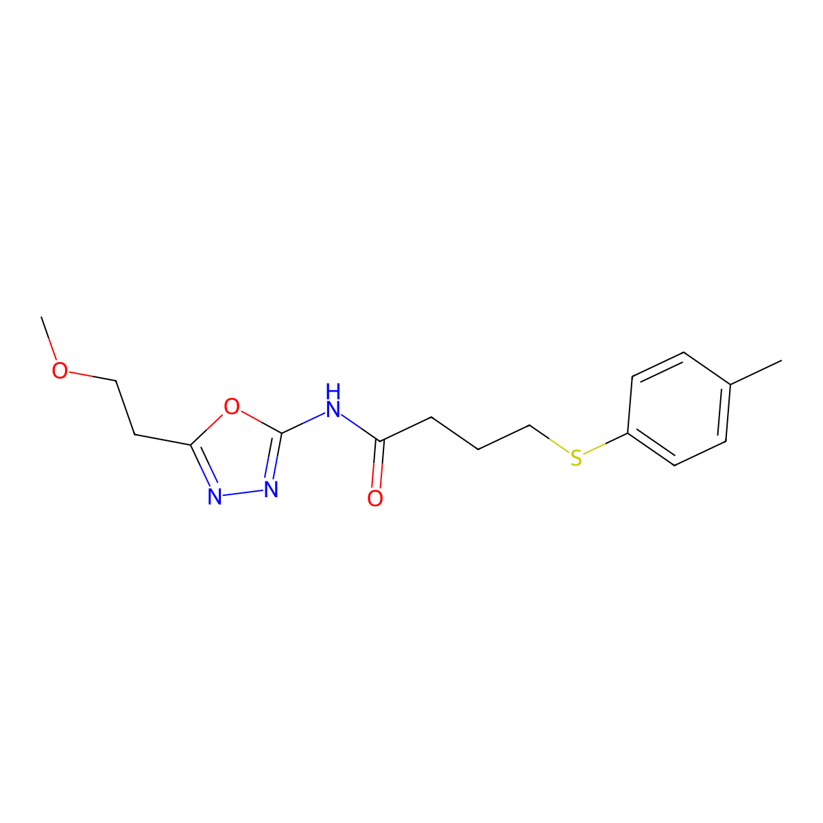 N-(5-(2-methoxyethyl)-1,3,4-oxadiazol-2-yl)-4-(p-tolylthio)butanamide molecular structure, CAS 1396748-18-7