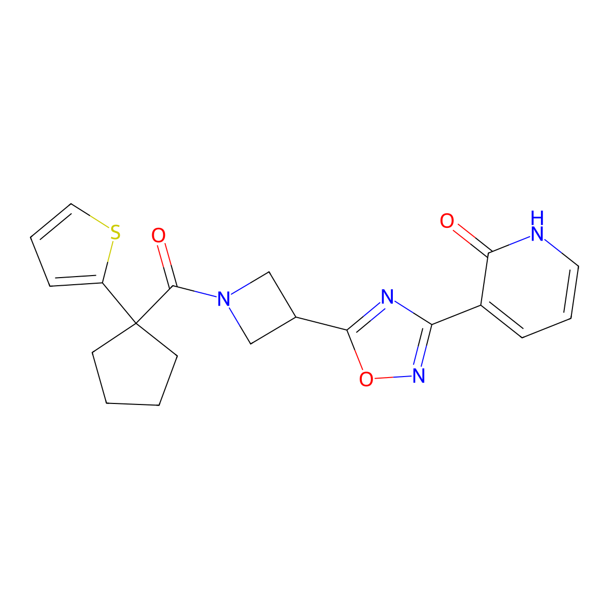 3-(5-(1-(1-(thiophen-2-yl)cyclopentanecarbonyl)azetidin-3-yl)-1,2,4-oxadiazol-3-yl)pyridin-2(1H)-one molecular structure, CAS 1396748-31-4